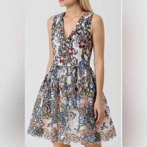 Blue and Red Plunge Neck A-line Midi Dress